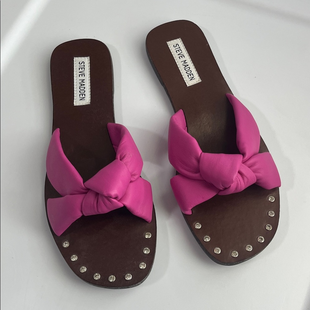 Steve Madden Marisol Leather Knot Rhinestone Sandals (Sz 9) Fuchsia Pink NWOB